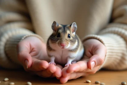 Hamster russe tenu dans une main ouverte montrant sa raie dorsale caractéristique sur fond de bureau en bois