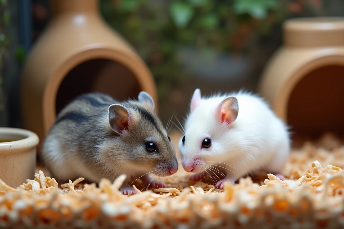 Deux hamsters russes aux pelages différents dans un terrarium propre permettant de comparer leurs variantes de couleur