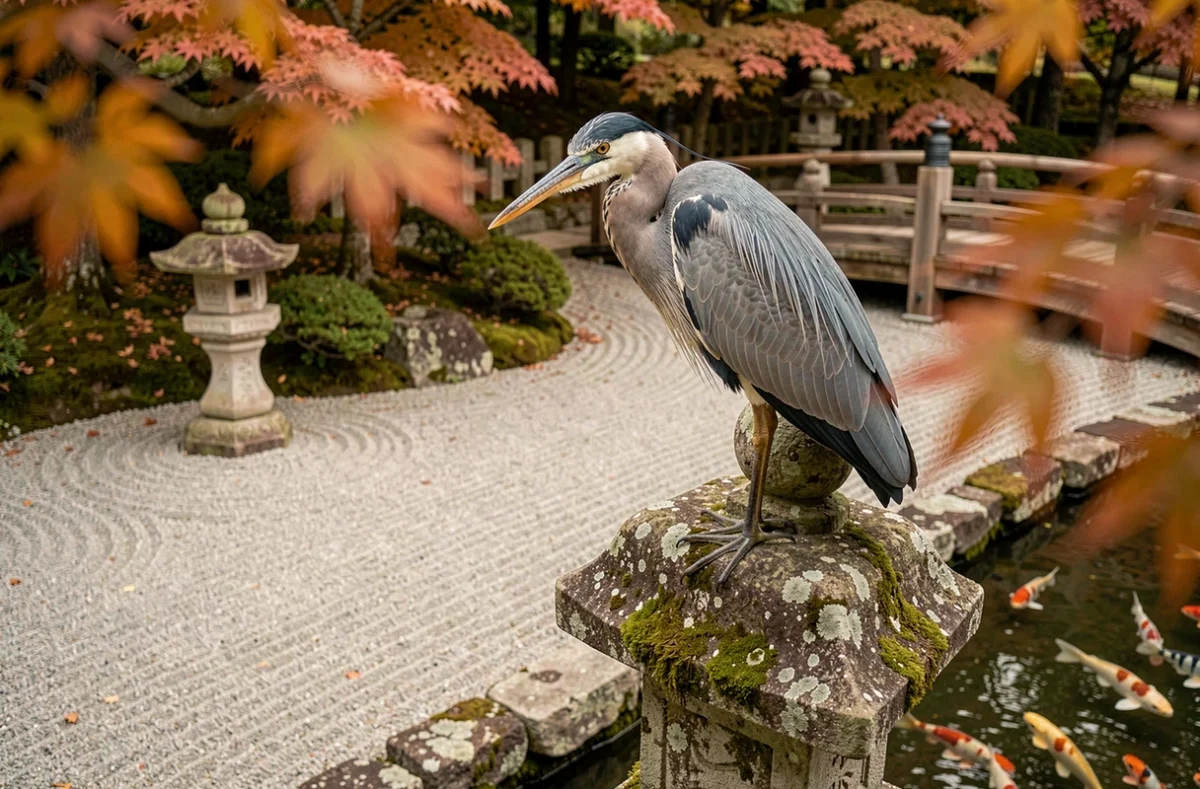 Héron gris perché sur une statue en pierre dans un jardin japonais, évoquant la spiritualité et la méditation liées au symbolisme du héron