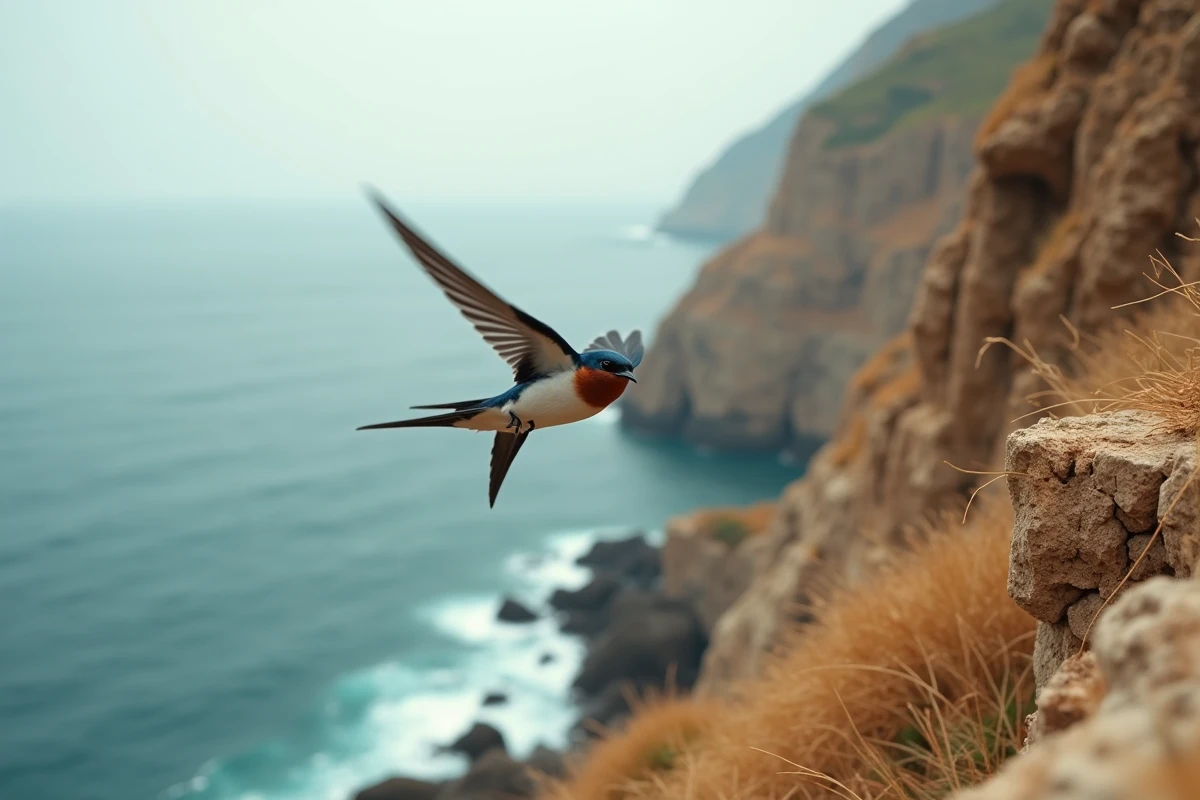Hirondelle rustique en plein vol au-dessus d'une falaise méditerranéenne avant sa migration vers le sud en automne