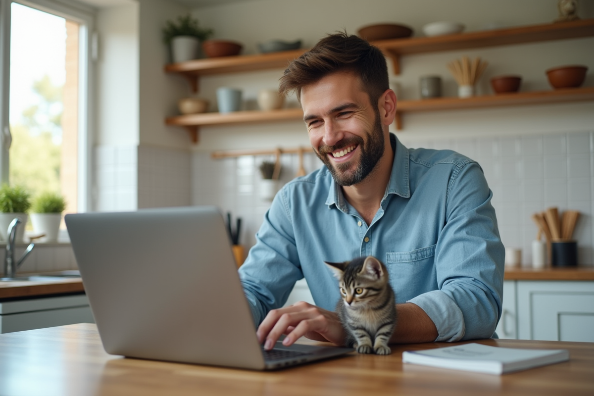 Jeune homme avec chaton et ordinateur portable