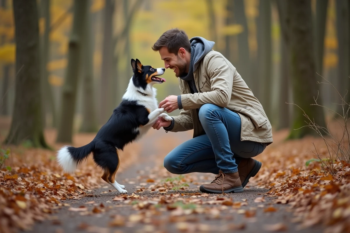 Jeune homme avec chien dans la forêt automnale