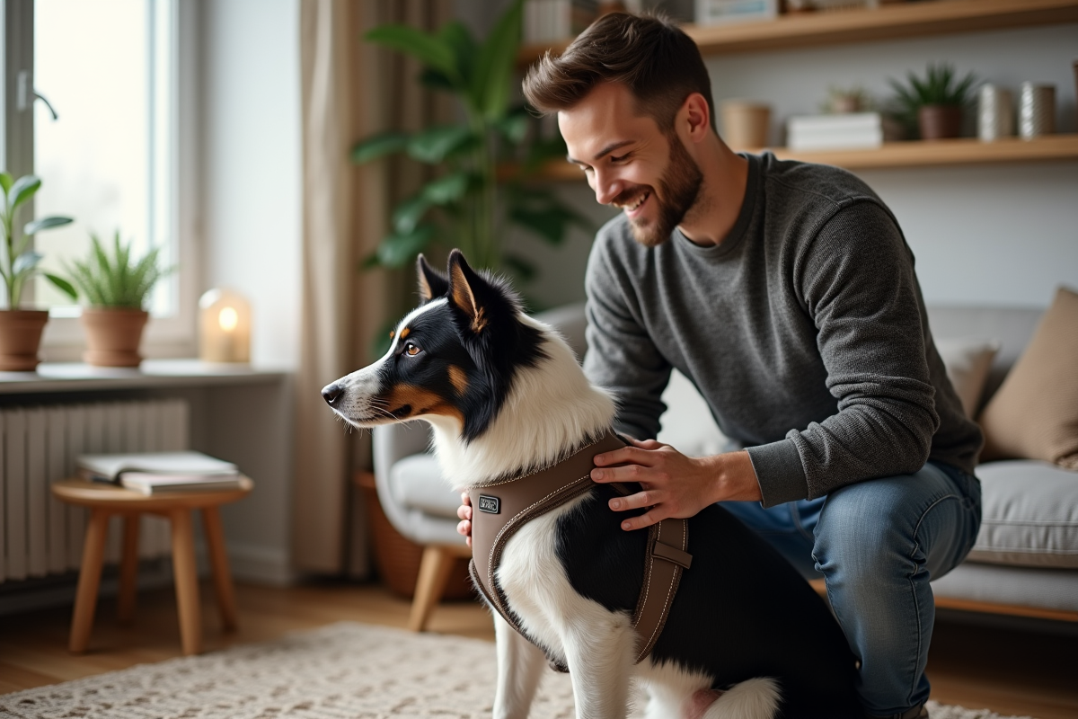Homme attachant un harnais à son chien dans un intérieur