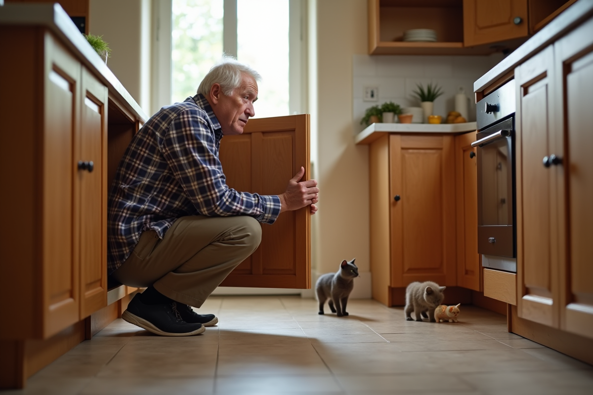 Senior homme regarde dans un placard de cuisine ouvert