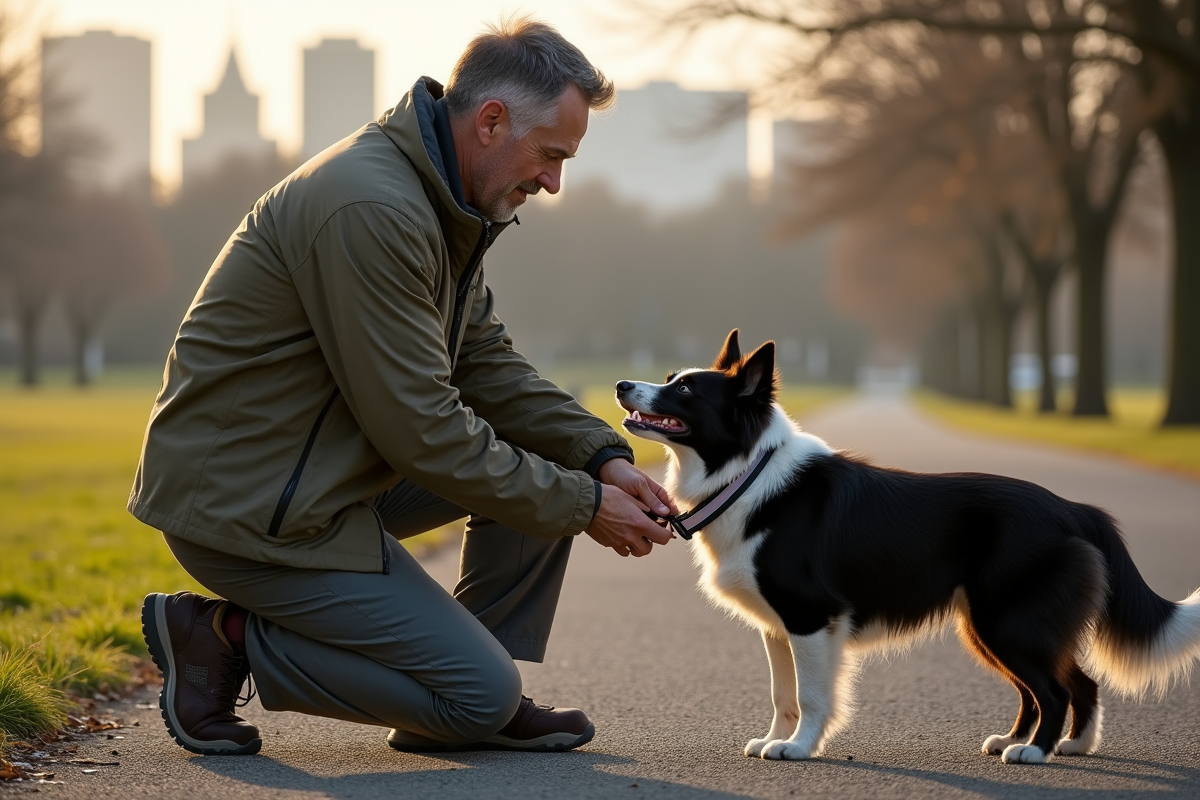Homme en extérieur avec son chien et collier réfléchissant