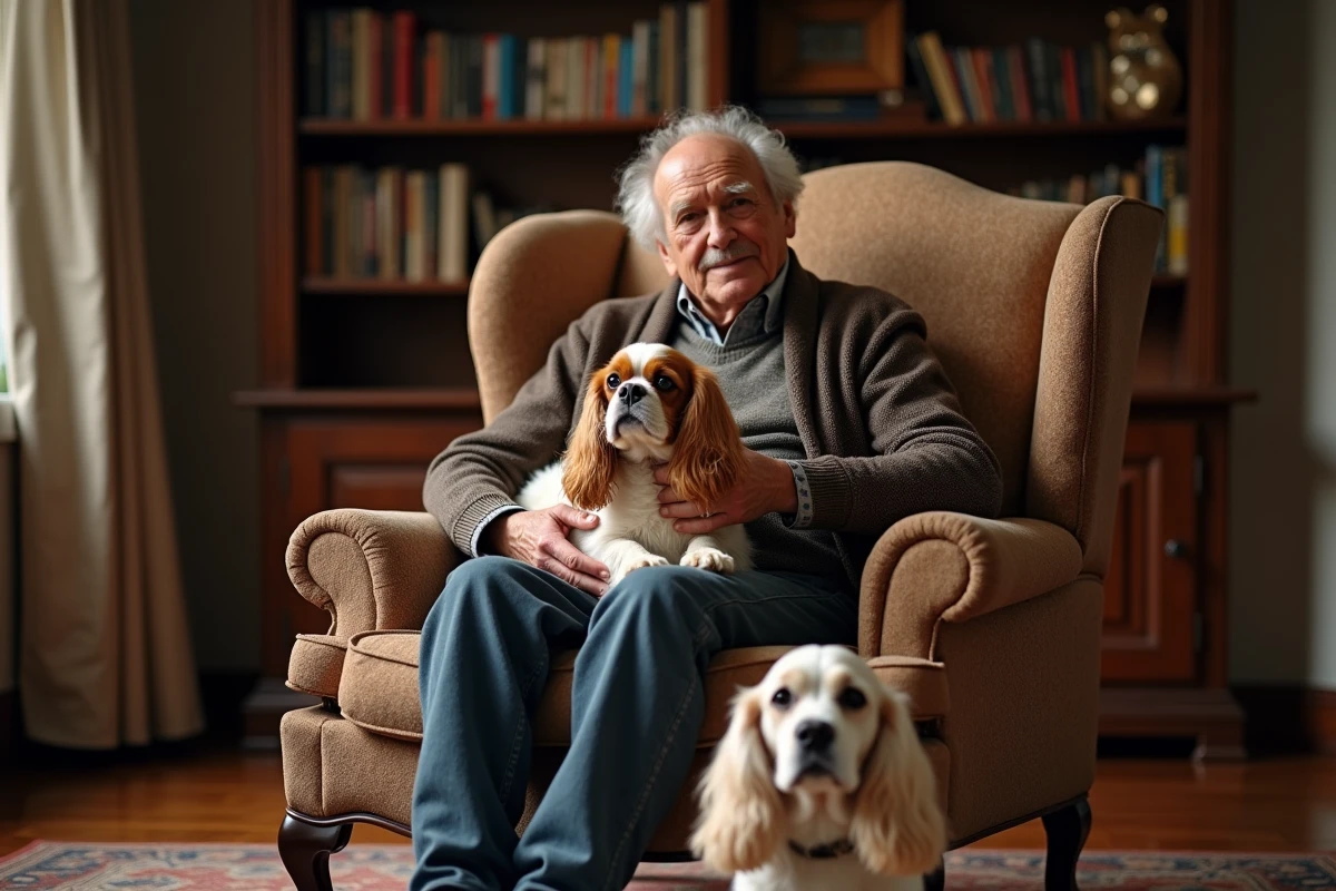Homme âgé avec deux chiens King Charles Spaniel dans un salon chaleureux