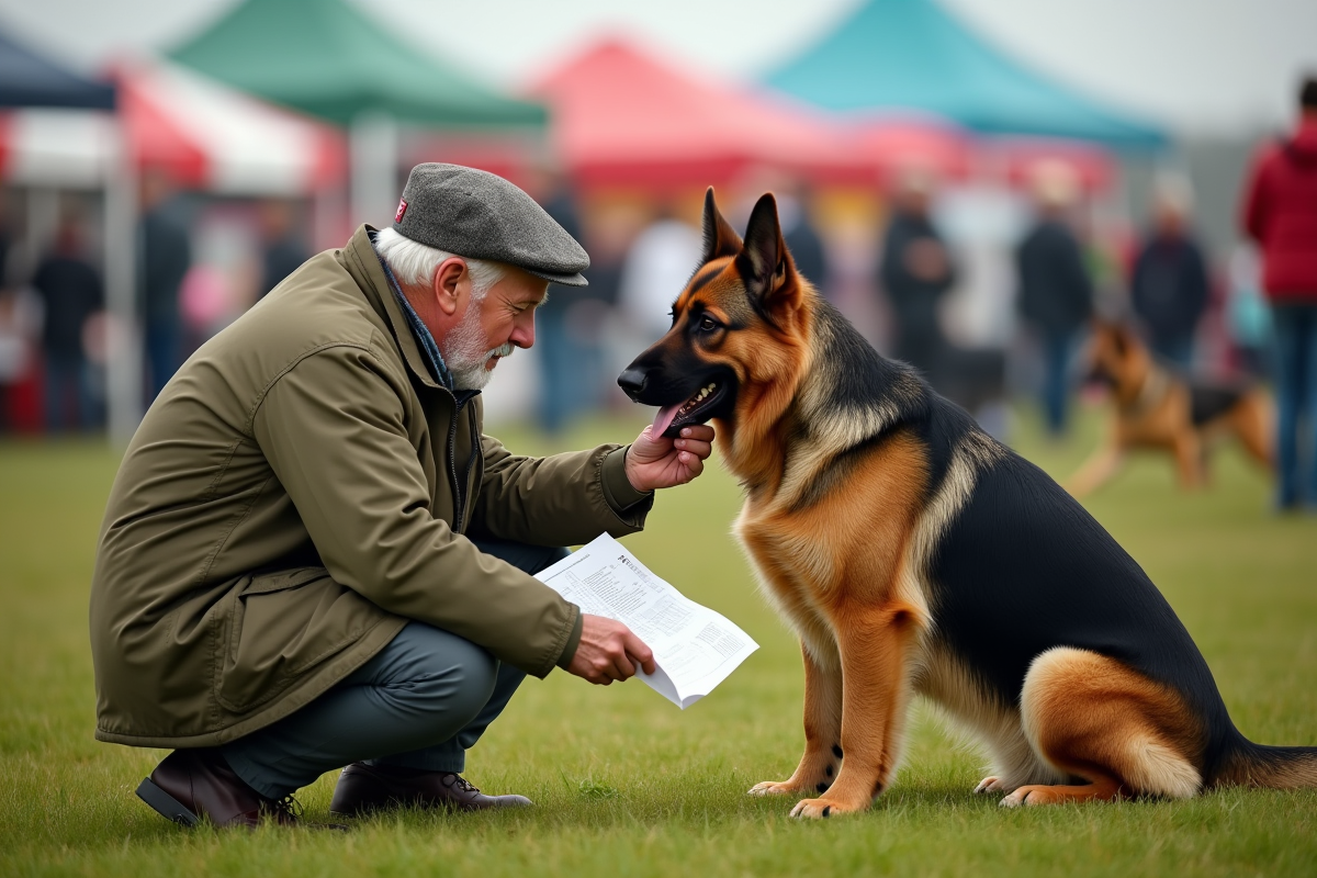 Homme âgé examinant un berger allemand lors d’un concours