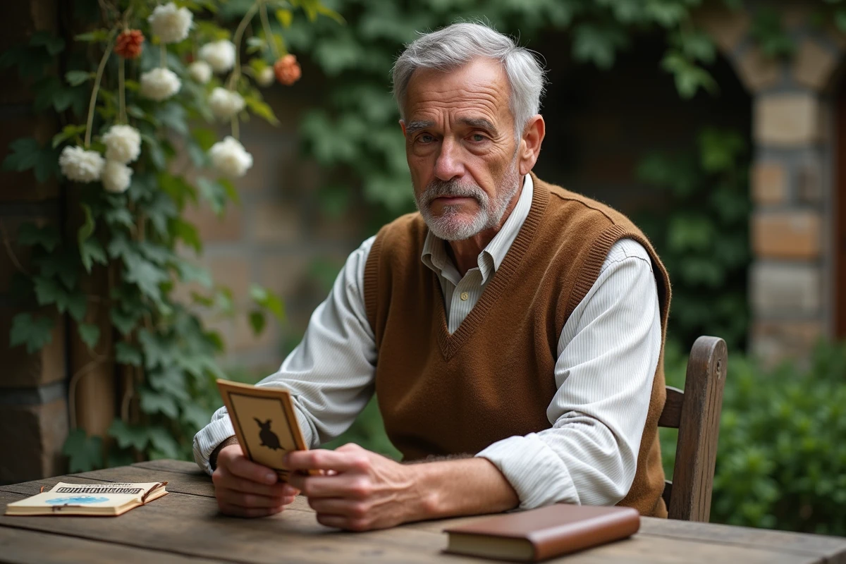 Homme contemplant une carte animal dans un jardin paisible