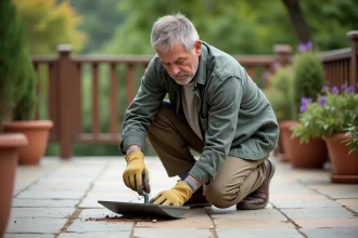 Homme d'âge moyen nettoyant la terrasse extérieure