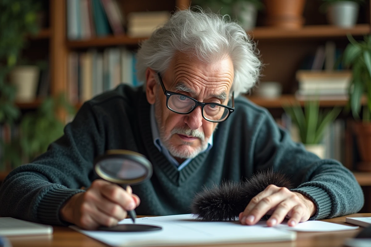 Homme âgé examine un chenille sur un carnet dans un bureau