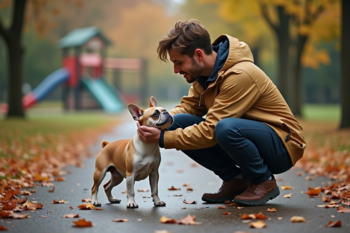 Jeune homme nettoyant un chien dans un parc automnal
