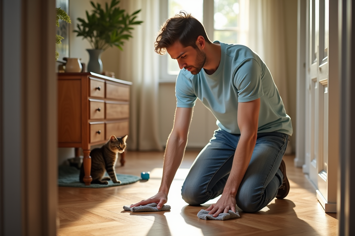 Jeune homme nettoyant un parquet avec un chiffon dans un couloir