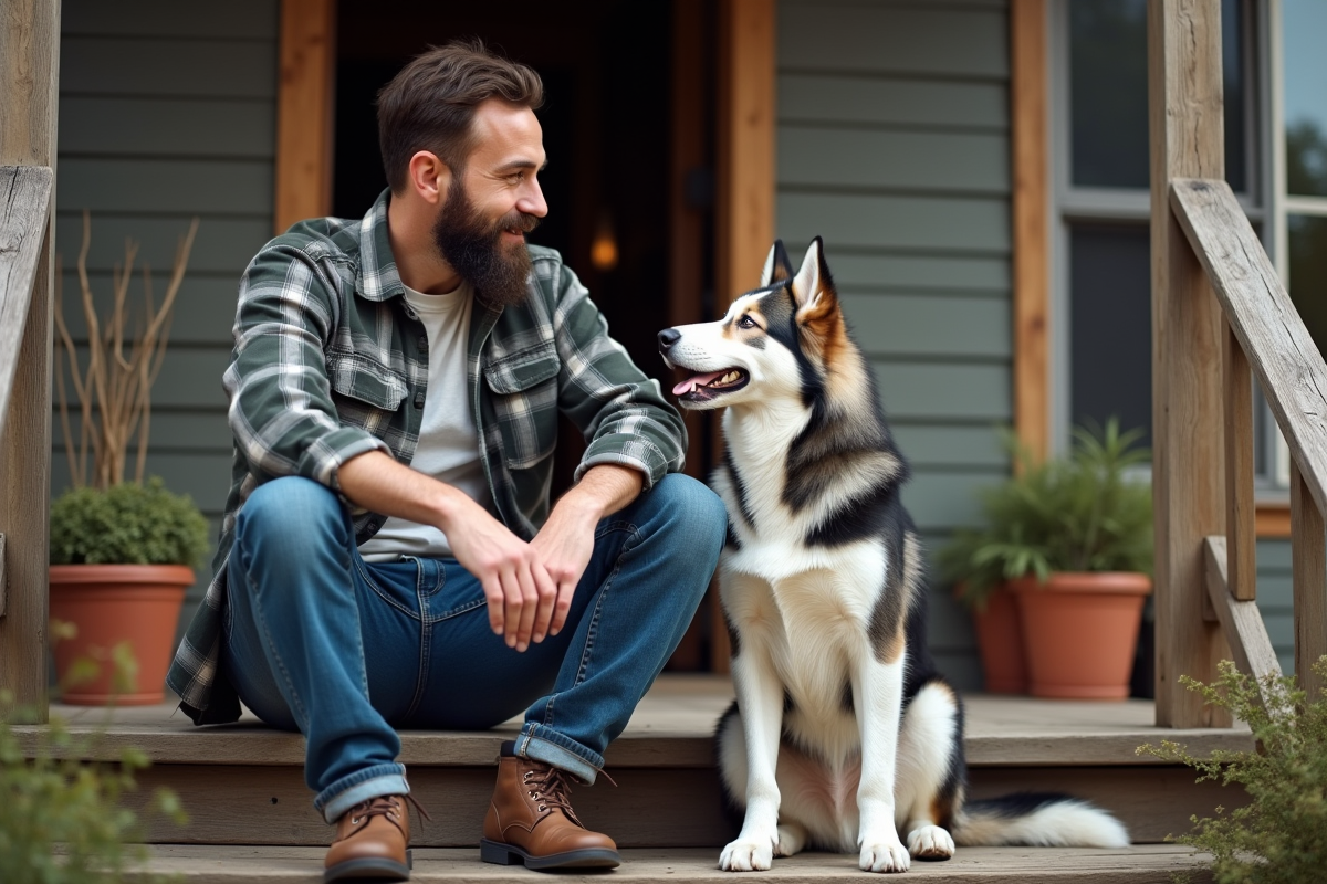 Homme barbu assis sur un pas de porte avec un chien relaxe