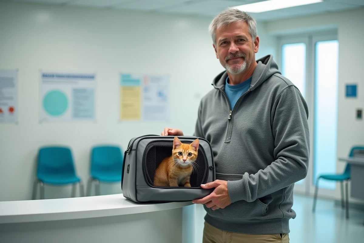 Homme tenant un sac de transport chat économique à la réception d'une clinique vétérinaire