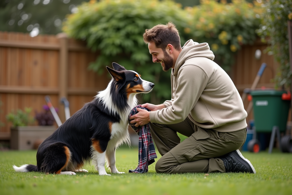 Jeune homme séchant son chien dans le jardin