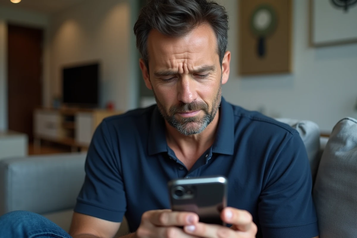 Homme consultant son smartphone face à un problème d'application de chat radio qui ne s'ouvre pas