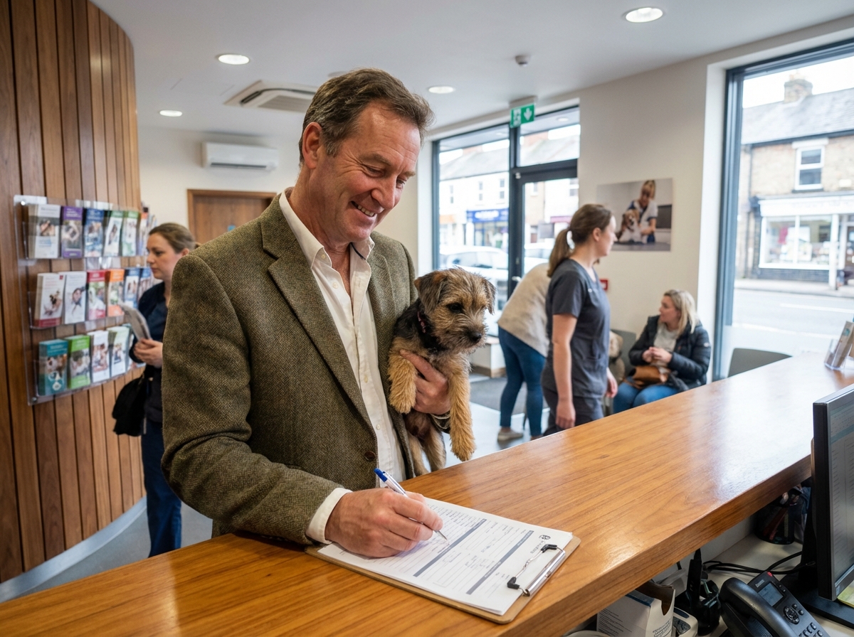 Homme avec chiot chez le veterinaire pour assurance