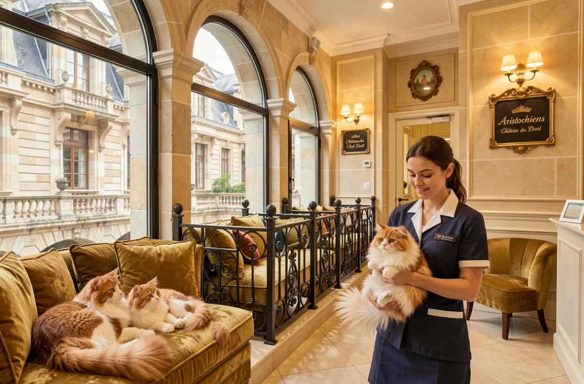 Intérieur luxueux de l'hôtel les Aristochiens et du Château du Chat Doré avec un chat persan dans les bras d'une soignante en uniforme