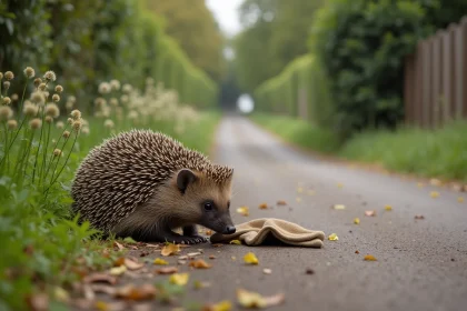 Hérisson européen au bord d'une route de campagne