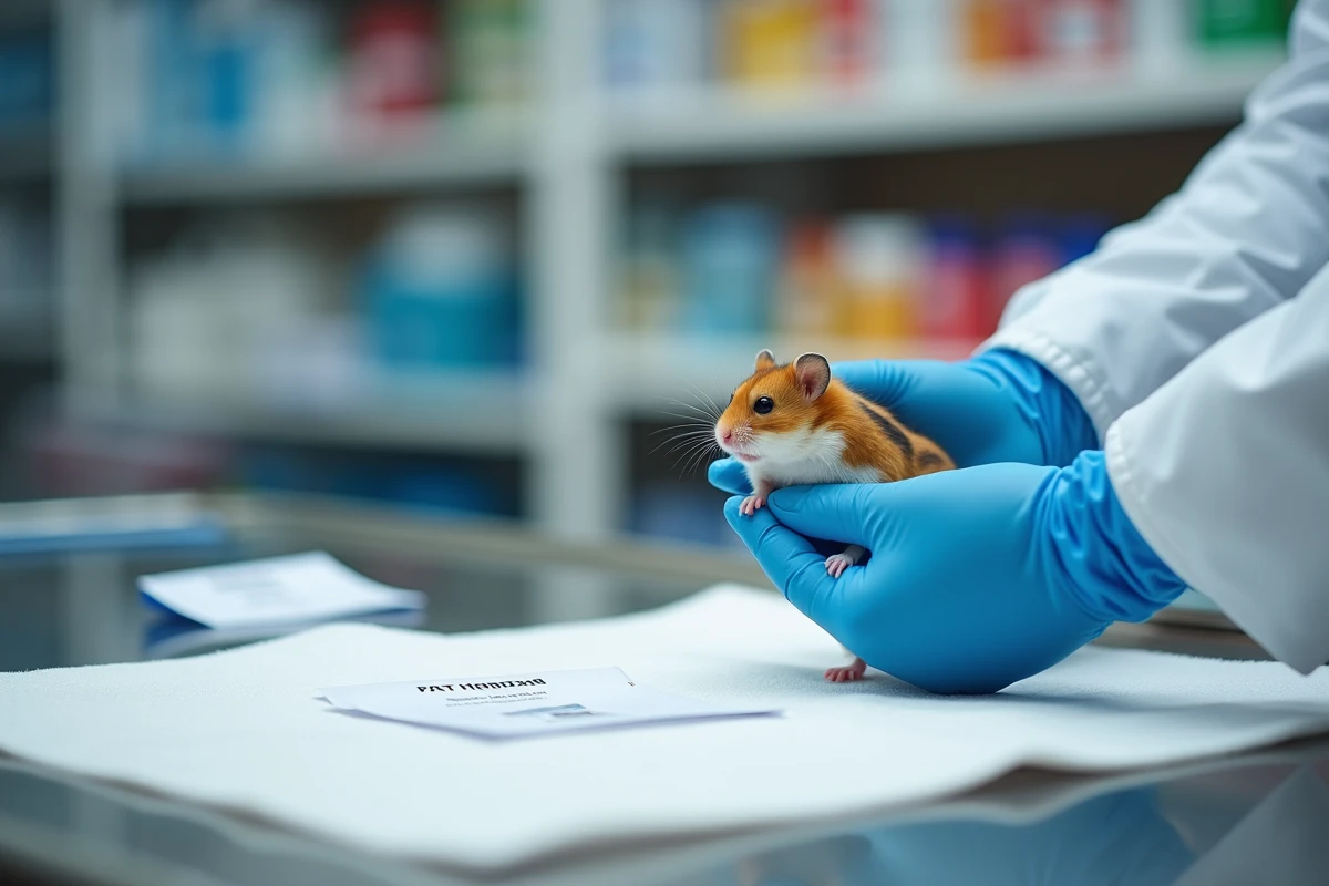 Vétérinaire examinant un hamster russe sur une table d'examen pour identifier ses caractéristiques morphologiques distinctives