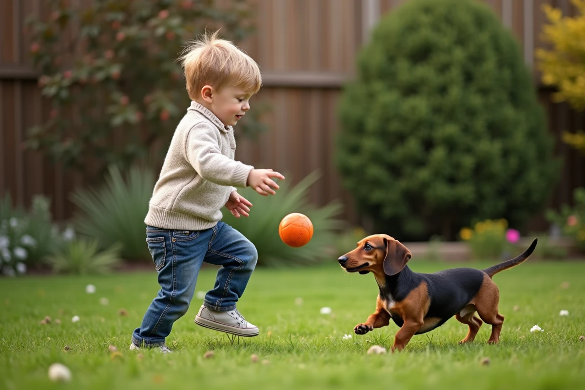Jeune garçon jouant avec un chien dans un jardin verdoyant