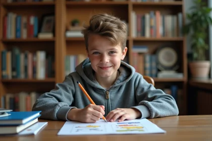 Jeune garçon souriant en révision avec fiche animale en U