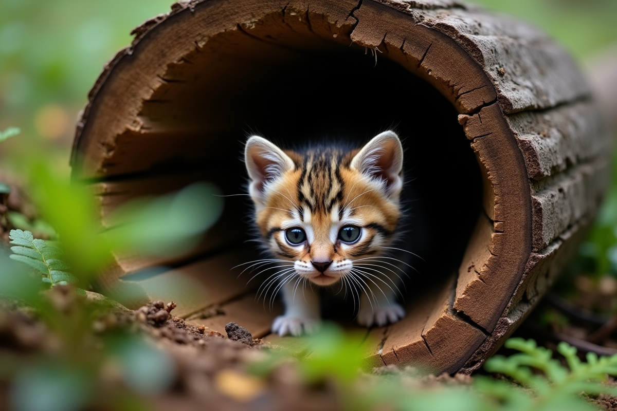 Jeune chaton sauvage explorant un tronc tombé en forêt
