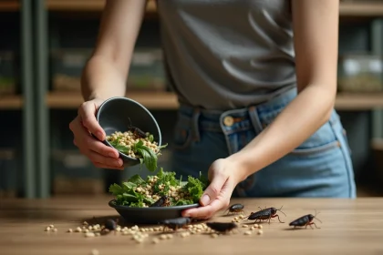 Jeune femme donnant à manger à des grillons dans une pièce dédiée
