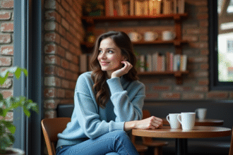 Jeune femme dans un café cosy regardant par la fenêtre
