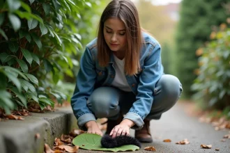 Jeune femme observe un chenille dans un jardin naturel