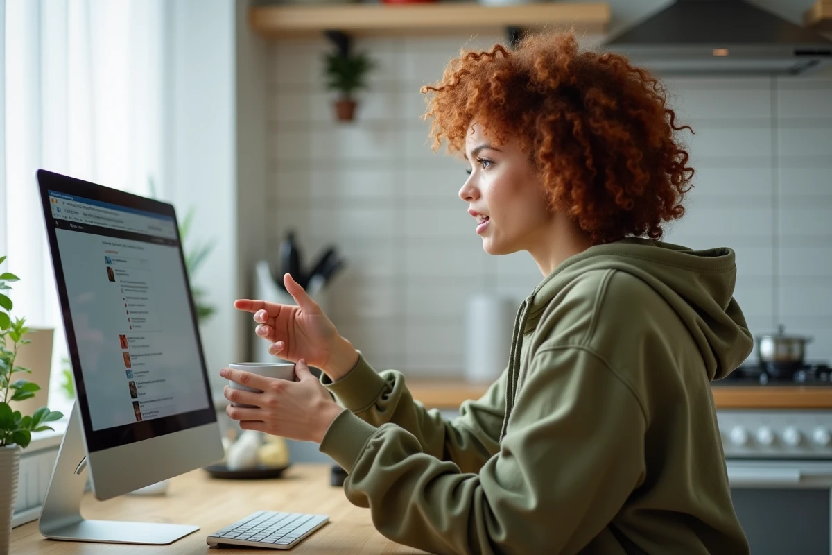 Jeune femme cherchant une solution de dépannage pour une application de chat radio bloquée depuis son ordinateur de bureau
