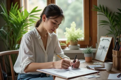 Jeune femme dessinant un libellule dans son carnet dans un atelier lumineux