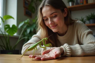 Jeune femme observant une mante religieuse dans un intérieur chaleureux
