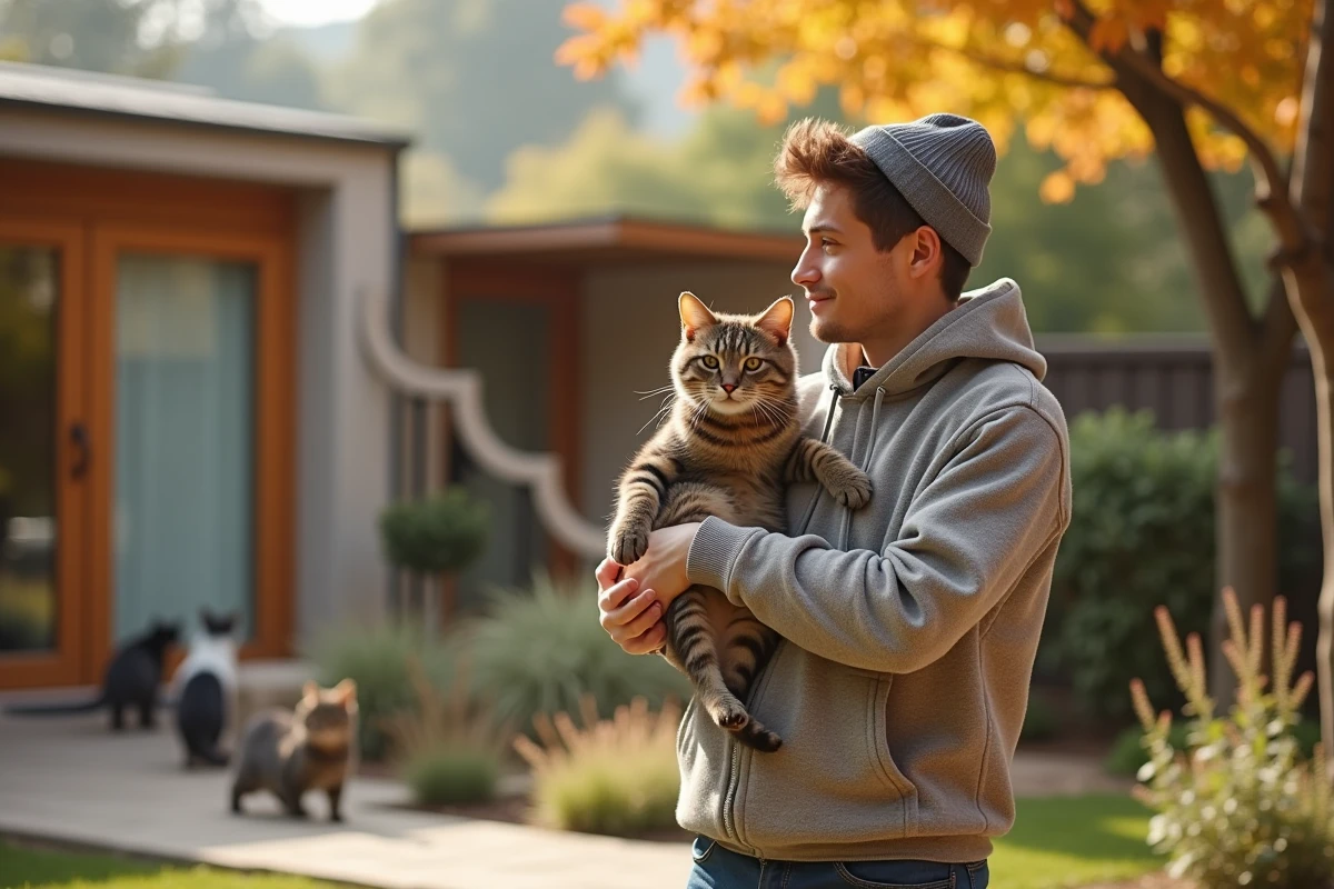 Jeune homme tenant un chat tigré dans un espace extérieur