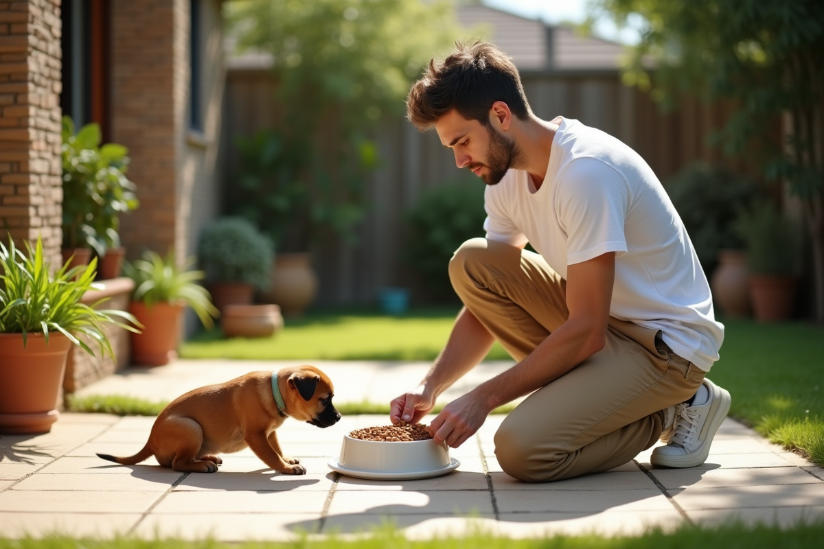 Jeune homme donnant nourriture à un chien dans le jardin