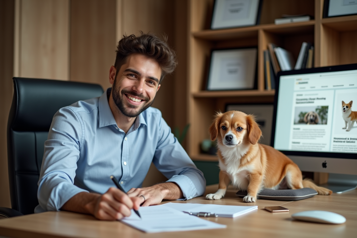 Jeune homme remplissant formulaire avec chien au bureau