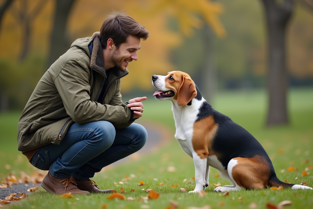 Jeune homme parlant avec un beagle dans un parc
