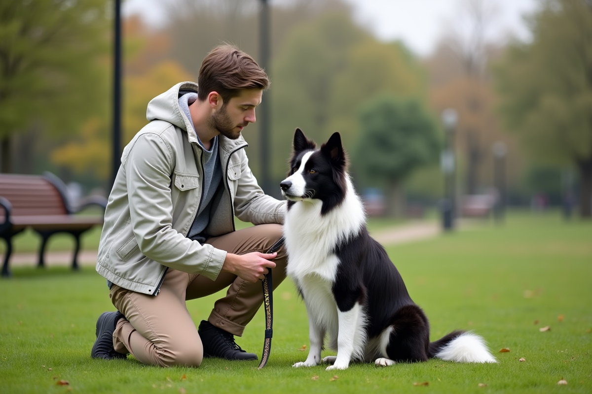 Jeune homme avec un border collie dans un parc