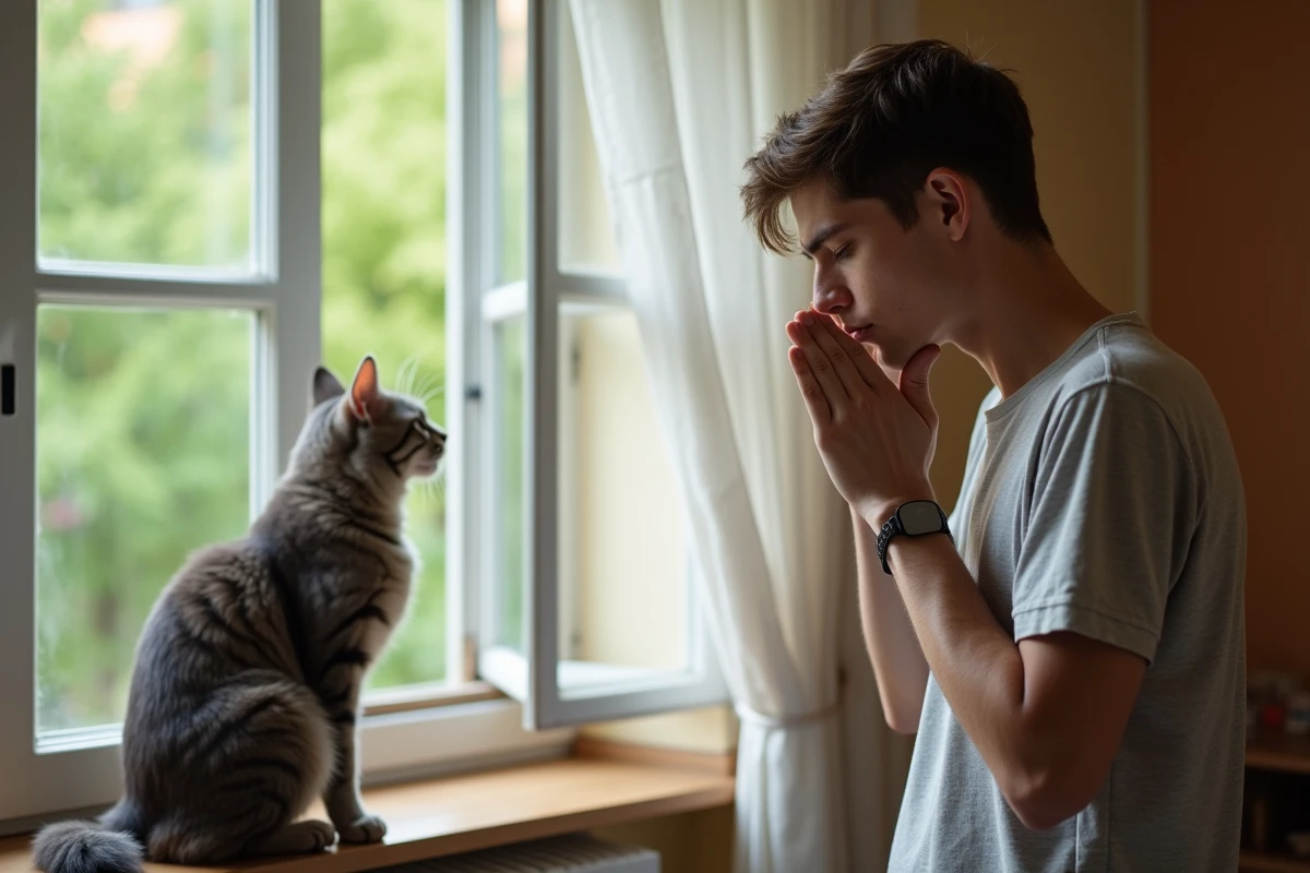 Jeune homme éternuant près d