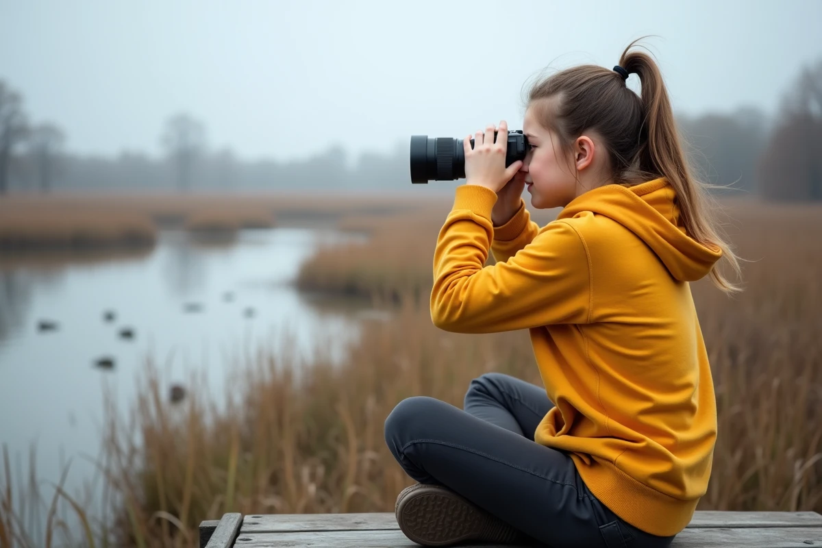 Jeune fille utilisant des jumelles depuis un observatoire en bois pour observer des oiseaux dans une réserve naturelle
