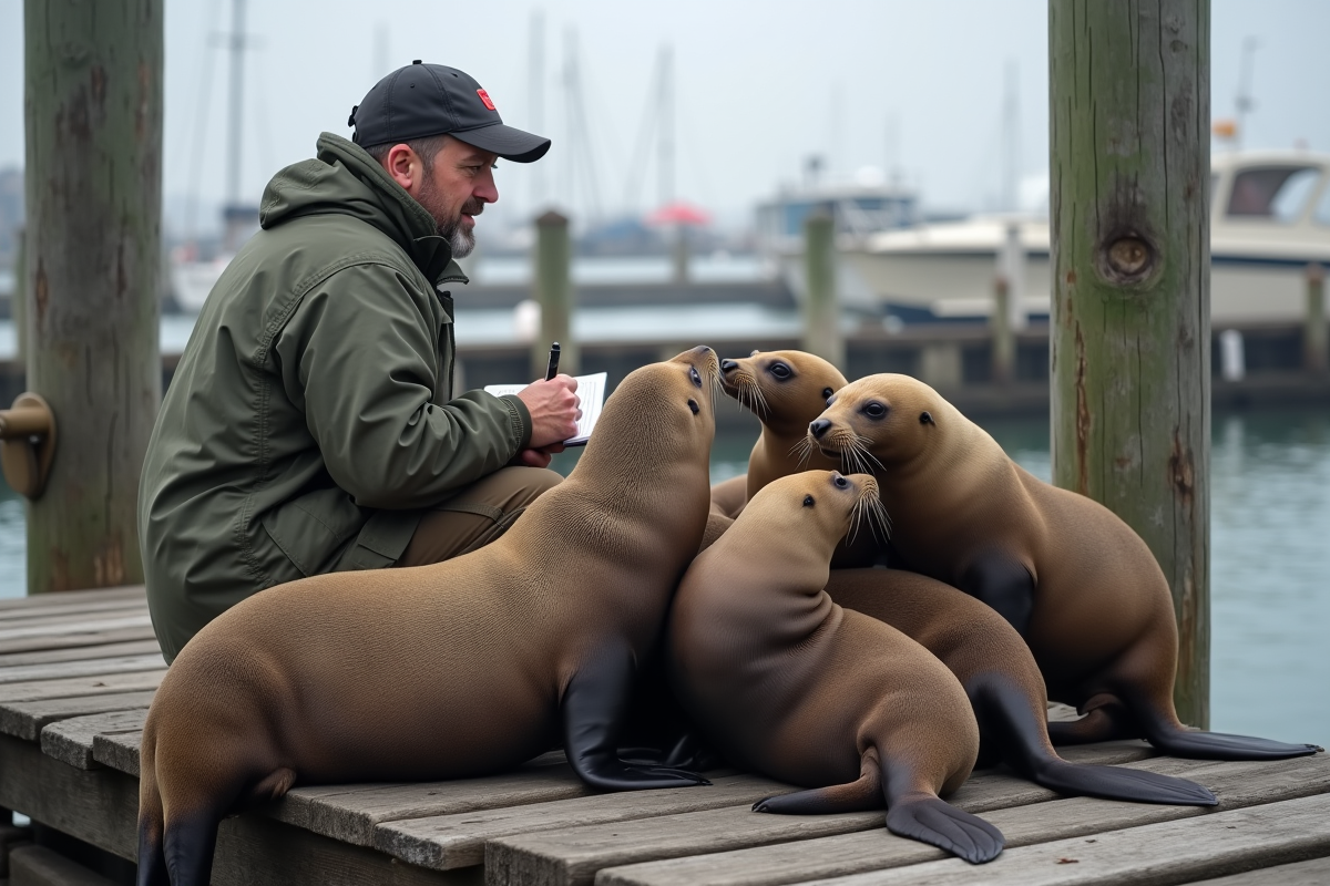 Jeunes phoques californiens sur un quai avec chercheur