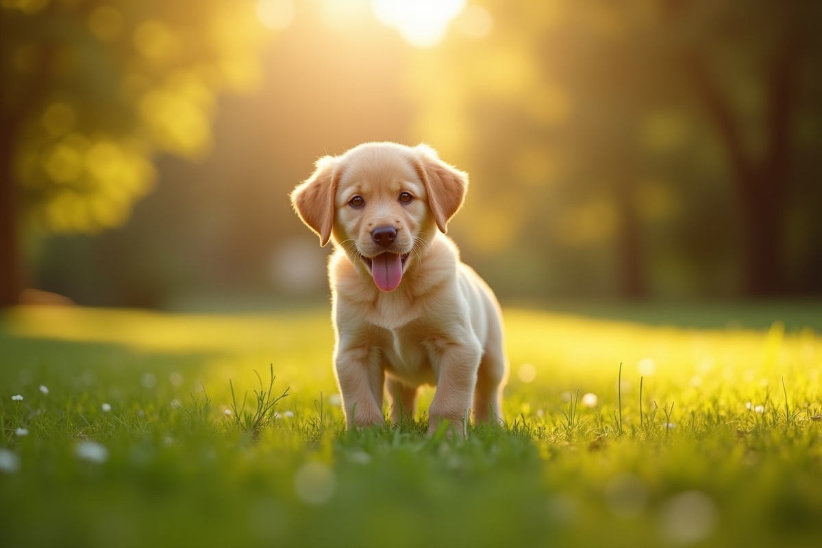 Jeune golden retriever dans un parc en lumière dorée