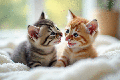 Deux chatons s'amusant sur une couverture blanche en lumière naturelle