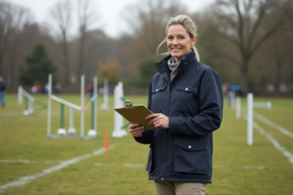 Juge d'agilité féminin en veste navy et pantalon kaki devant le parcours