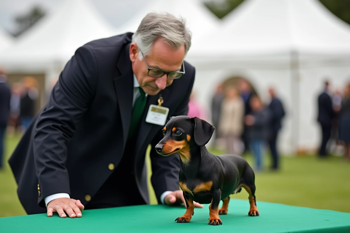 Juge canin évaluant un teckel kaninchen noir et feu lors d'une exposition cynophile en plein air sous des chapiteaux blancs