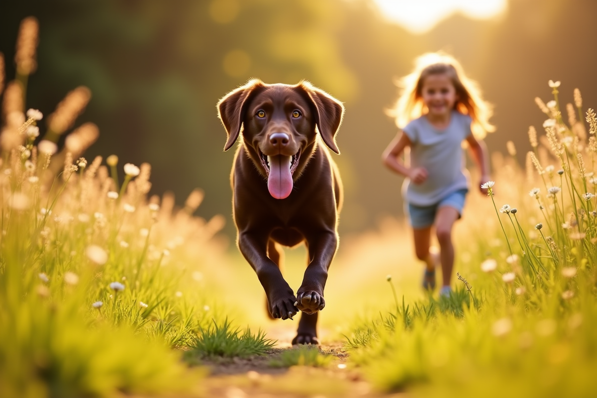 Labrador chocolat courant dans un parc ensoleille avec une fille