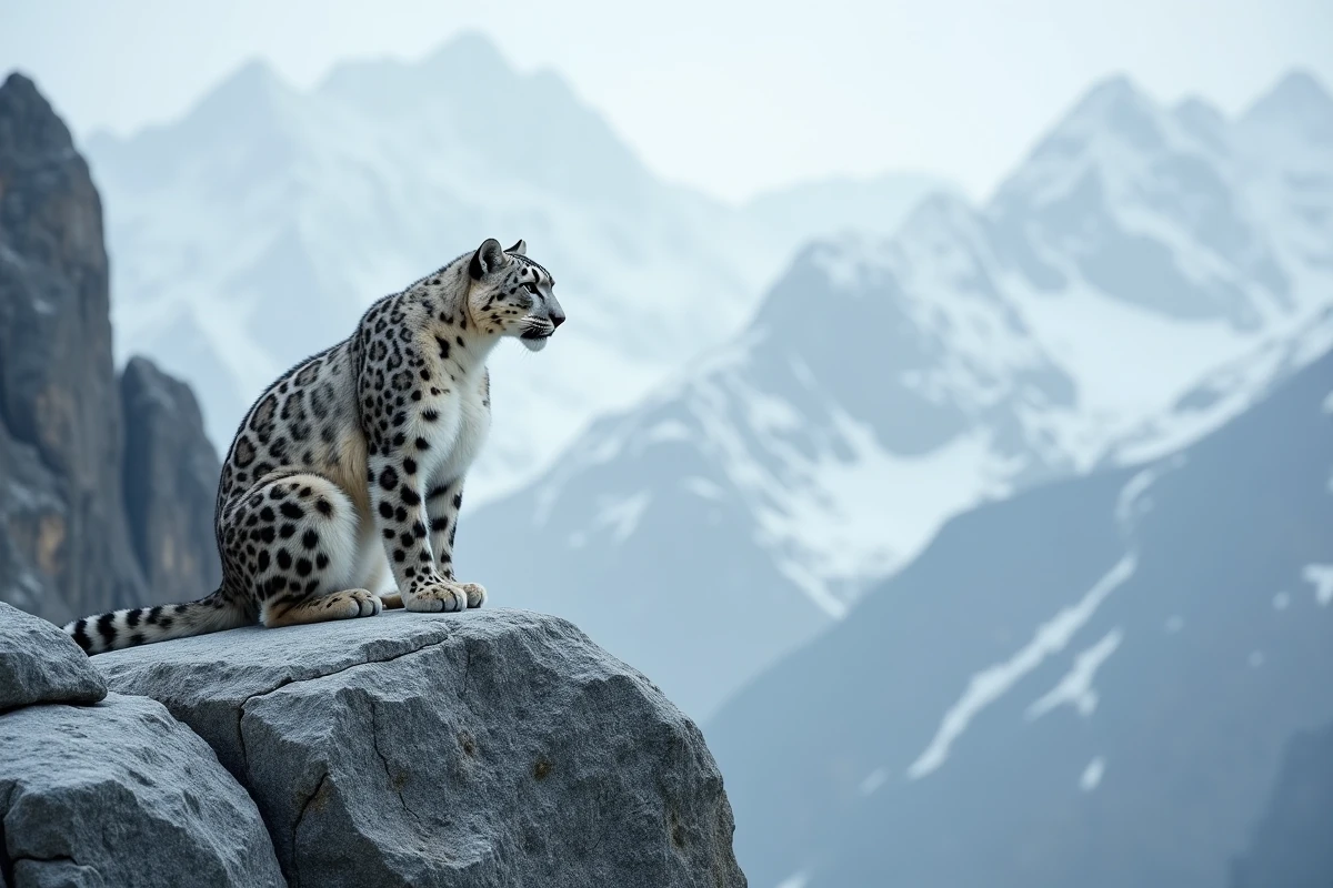 Léopard des neiges posé sur un rocher dans les montagnes de l'Himalaya enneigé