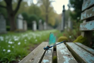 Libellule bleue posée sur un banc en bois dans un cimetière fleuri, symbolisant un message de l'ange après un deuil