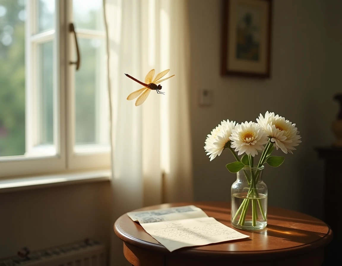 Libellule dorée survolant un vase de chrysanthèmes blancs et une vieille photo, symbolisant un signe angélique après un décès