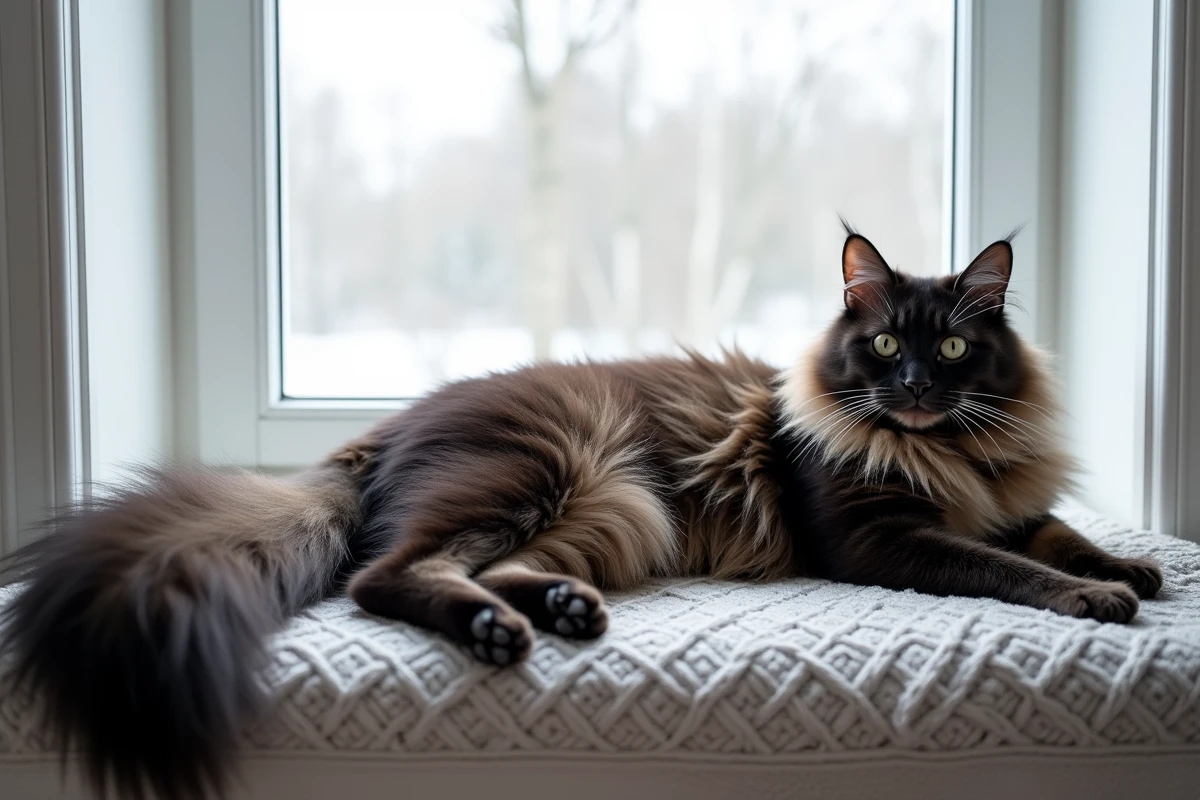 Maine Coon black smoke allongé sur un plaid gris avec une brosse de toilettage, pelage long et fumé aux reflets argentés